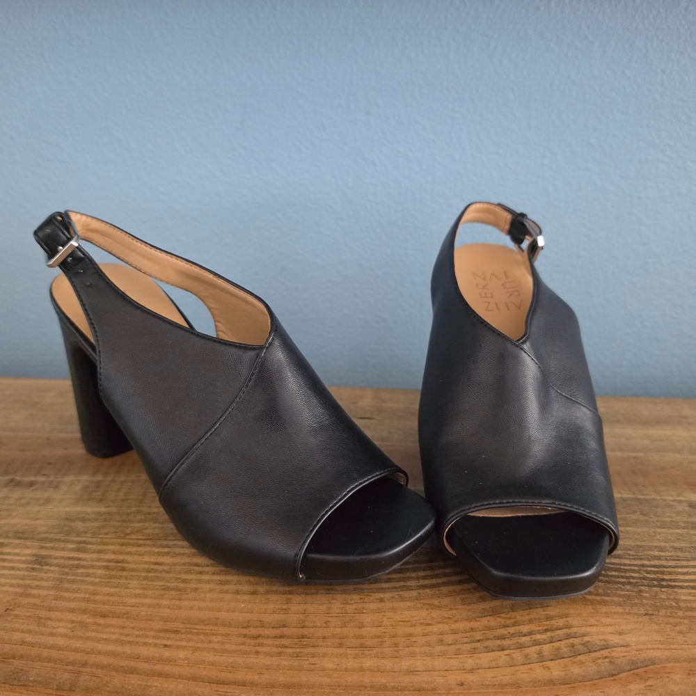 Naturalizer Womens Mason Slingback Sandal Black Leather Block Heel Peep Toe 6.5